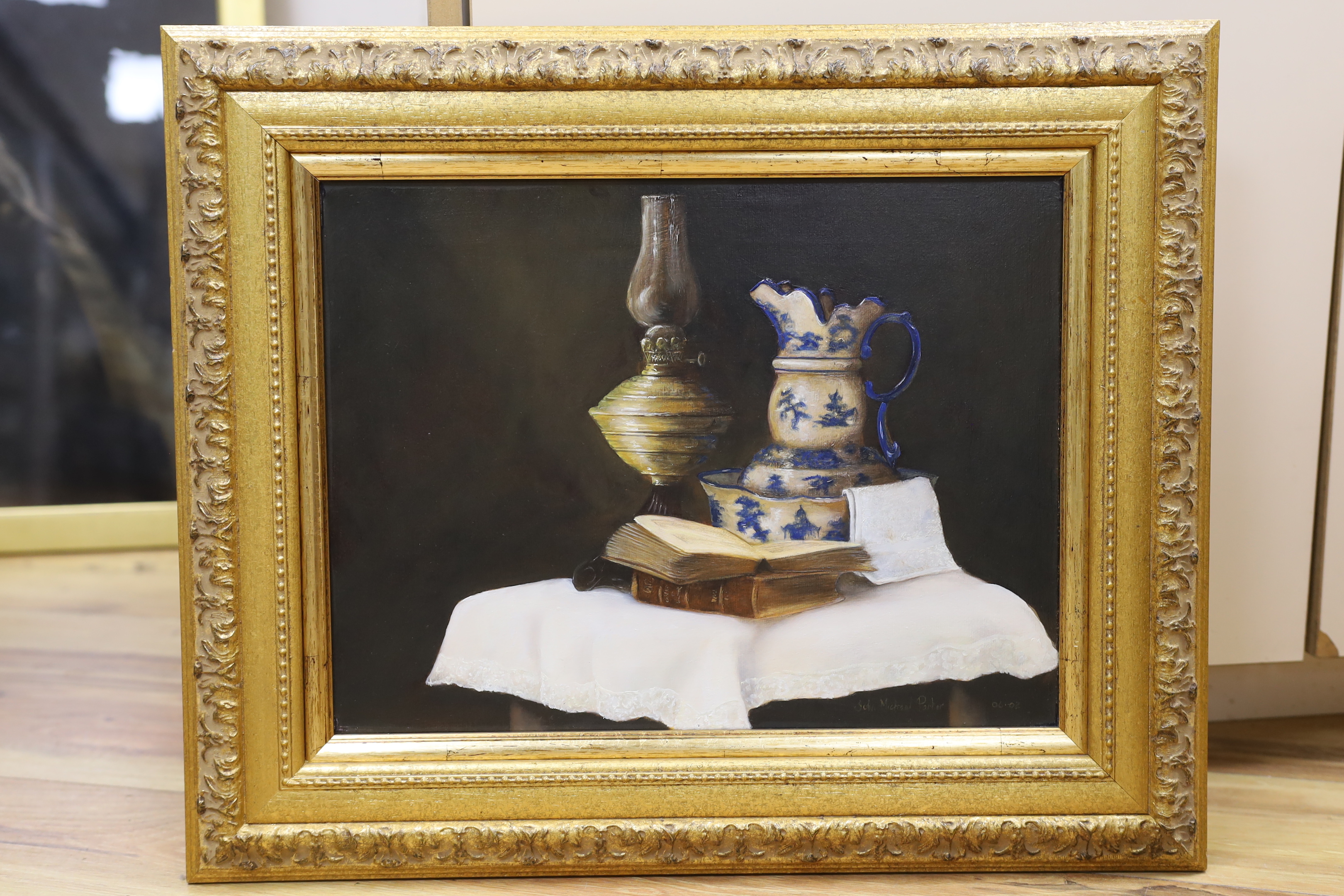 John Michael Parker, oil on canvas, 'The bedroom table', signed and dated 06.02, details verso, 30 x 39cm